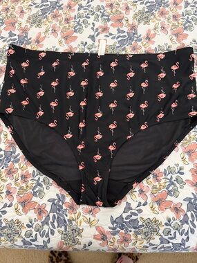 Cacique Black Swim Briefs with Pink Flamingo Print